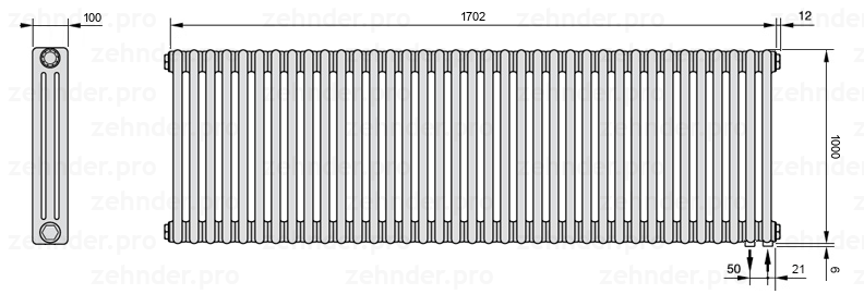 Схема (чертеж) Радиатор Zehnder Charleston 3100/37 №5510 Белый глянцевый RAL 9016